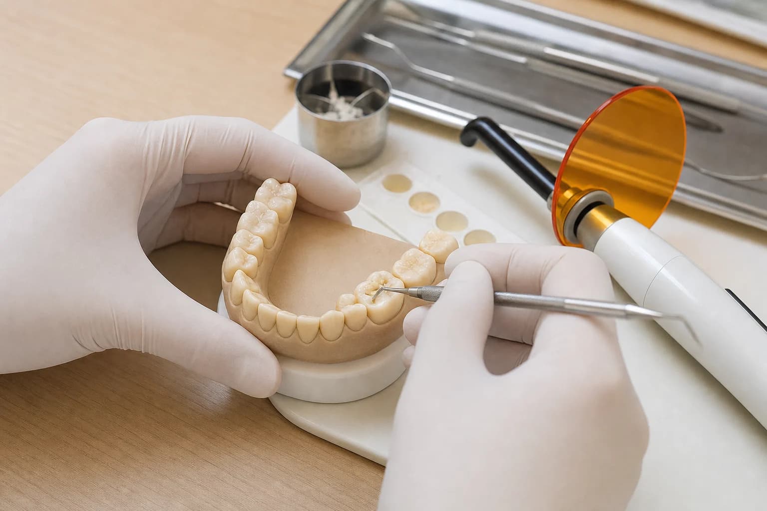장갑 낀 손이 치아 모형의 어금니에 파인 자리를 치아색 재료로 채우고 있고, 옆에 광중합기가 놓여 있다.